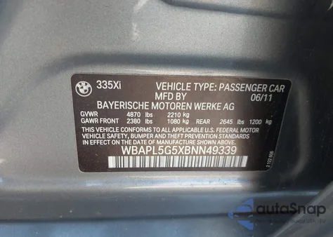 2011 BMW 335I xDrive из США, поврежденный, VIN WBAPL5G5XBNN49339